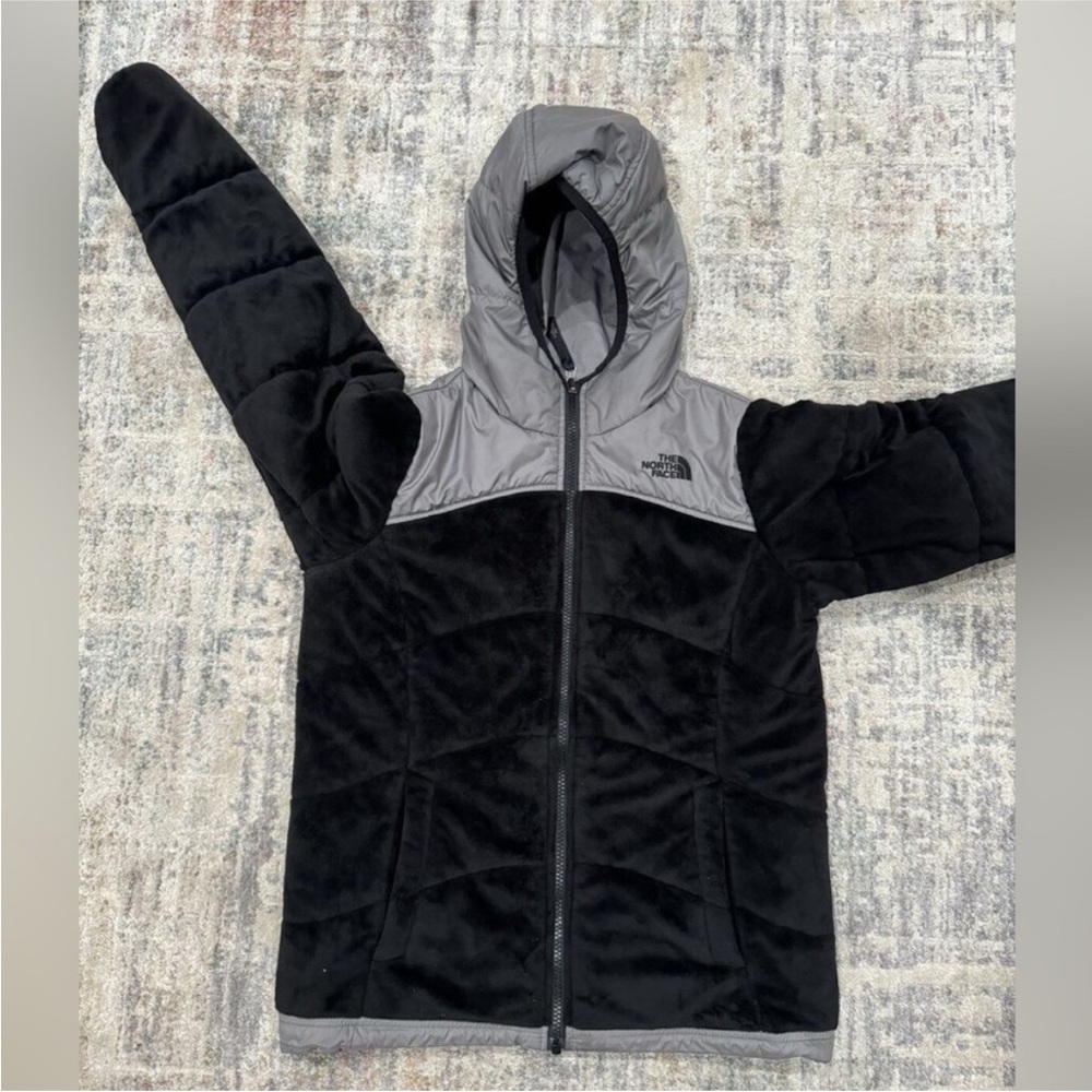 The north face reversible hooded double sided winter jacket grey and black